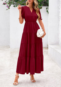 Casual Short Sleeve V Neck Tiered Flowy Beach Vacation Maxi Dress with Pockets