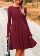 Ribbed Knit Crew Neck Long Sleeve A-Line Flowy Casual Elegant Mini Dresses