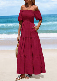 Puff Short Sleeve Square Neck Smocked Tiered Ruffle A Line Flowy Beach Maxi Dresses