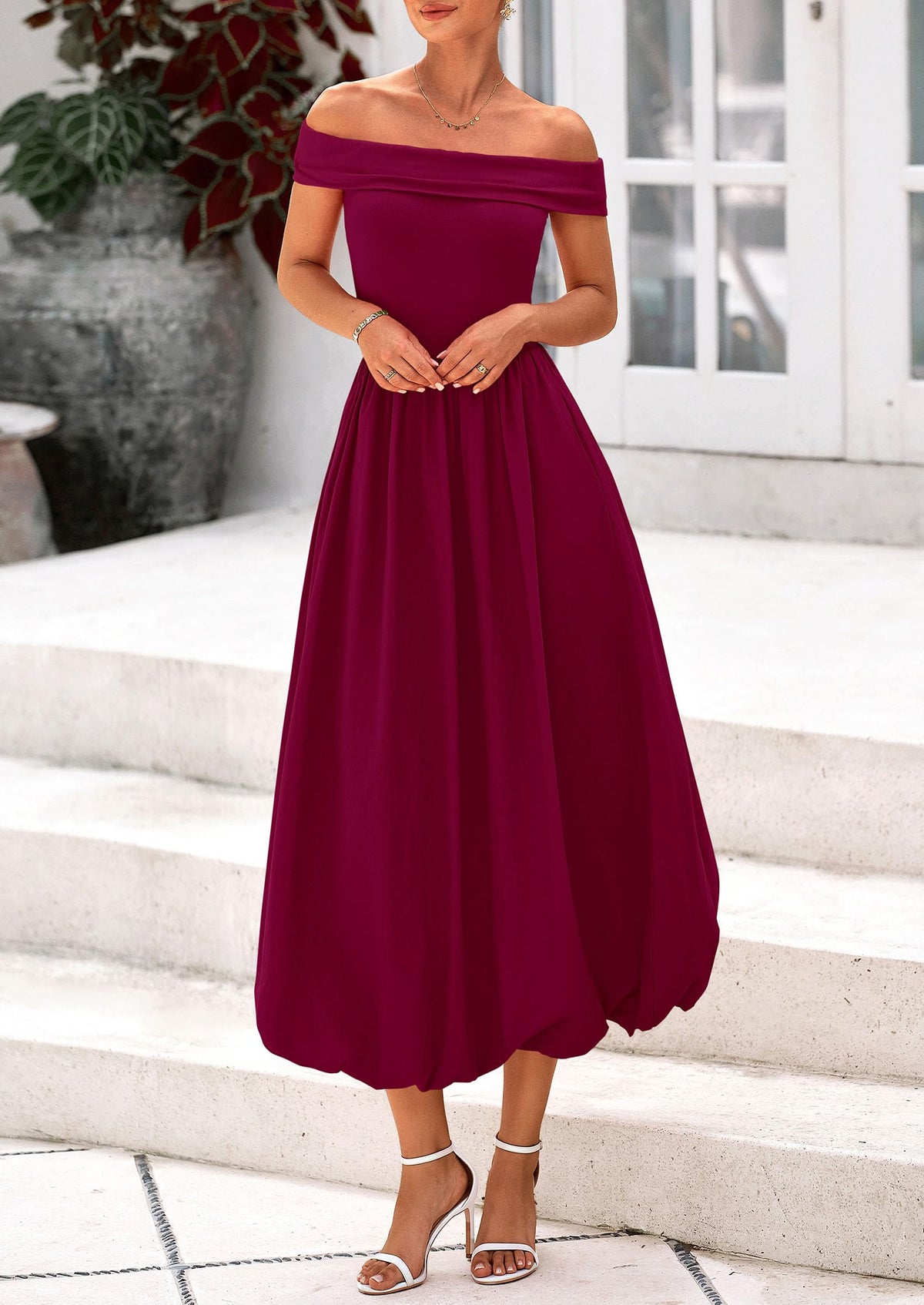 Off Shoulder Sleeveless A Line Midi Dress with Pockets