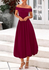 Off Shoulder Sleeveless A Line Midi Dress with Pockets
