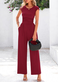 Dressy Ribbed Cap Sleeve Wide Leg Pants Elegant Casual Jumpsuits