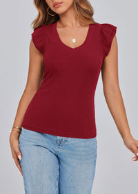 V Neck Ruffle Sleeveless Slim Fit Casual T-shirts