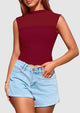 Sheer Mesh Casual Sleeveless Mock Neck Ruched Slim Fitted Tank Tops