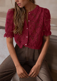Lace Puff Sleeve Casual Dressy Eyelet Crew Neck Button Down Blouses