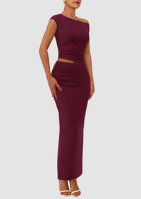 One Shoulder Sleeveless Ruched Slit Bodycon Two Piece Skirt Set