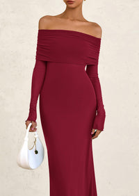 Off The Shoulder Bodycon Long Sleeve Mesh Maxi Dress