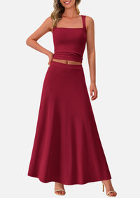 Crop Tank Top Flowy Midi Skirts Ribbed Knit Casual Two Piece Skirt Set