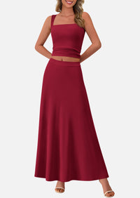 Crop Tank Top Flowy Midi Skirts Ribbed Knit Casual Two Piece Skirt Set
