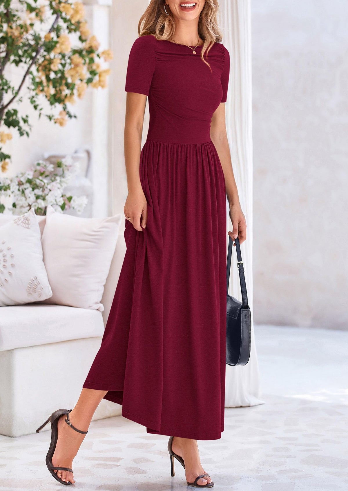 Casual Short Sleeve Ruched Patchwork A Line Pleated Swing Maxi Dresses with Pockets
