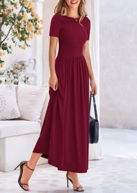 Casual Short Sleeve Ruched Patchwork A Line Pleated Swing Maxi Dresses with Pockets
