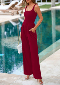 Sleeveless Dressy Square Neck Wide Leg Pants Knitted with Pockets Jumpsuits