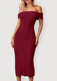 Off The Shoulder Elegant Ribbed Knit Bodycon Wedding Guest Sweater Midi Dresses