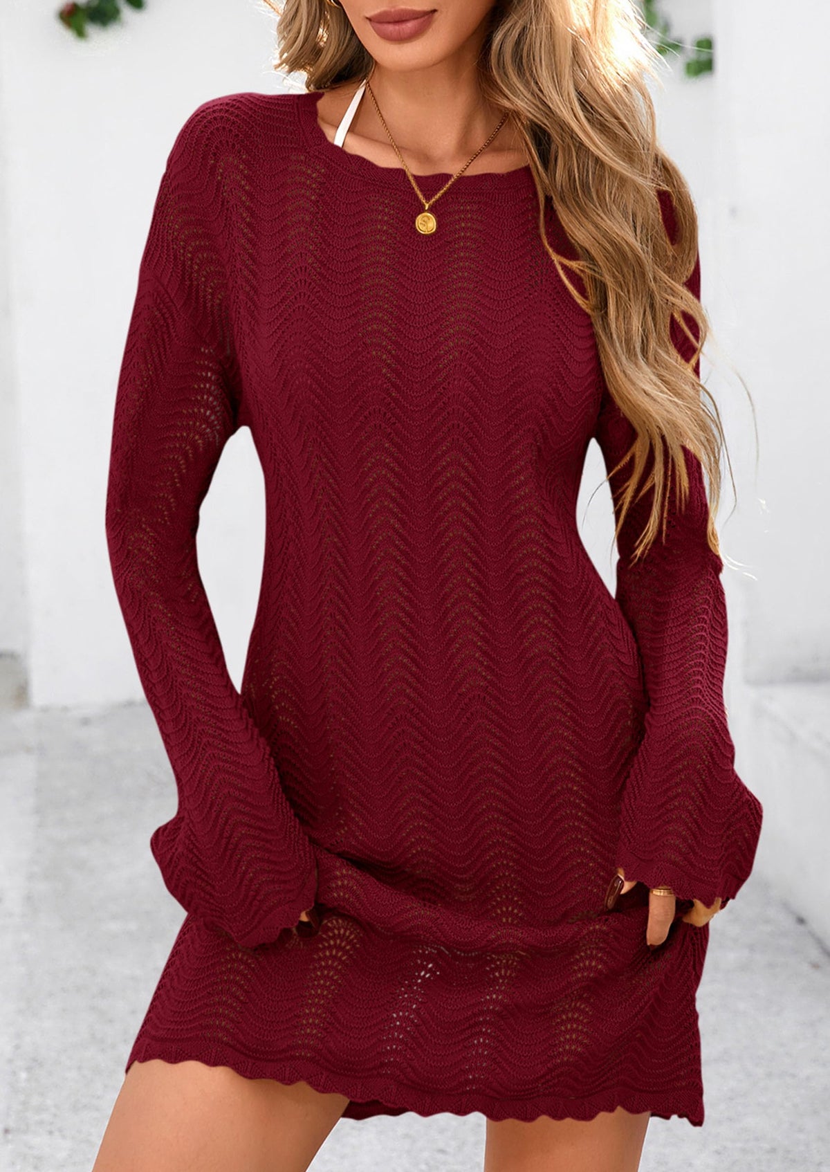 Crochet Knit Hollow Out Beach Vacation Cover Ups Dress