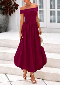 Off Shoulder Sleeveless A Line Midi Dress with Pockets