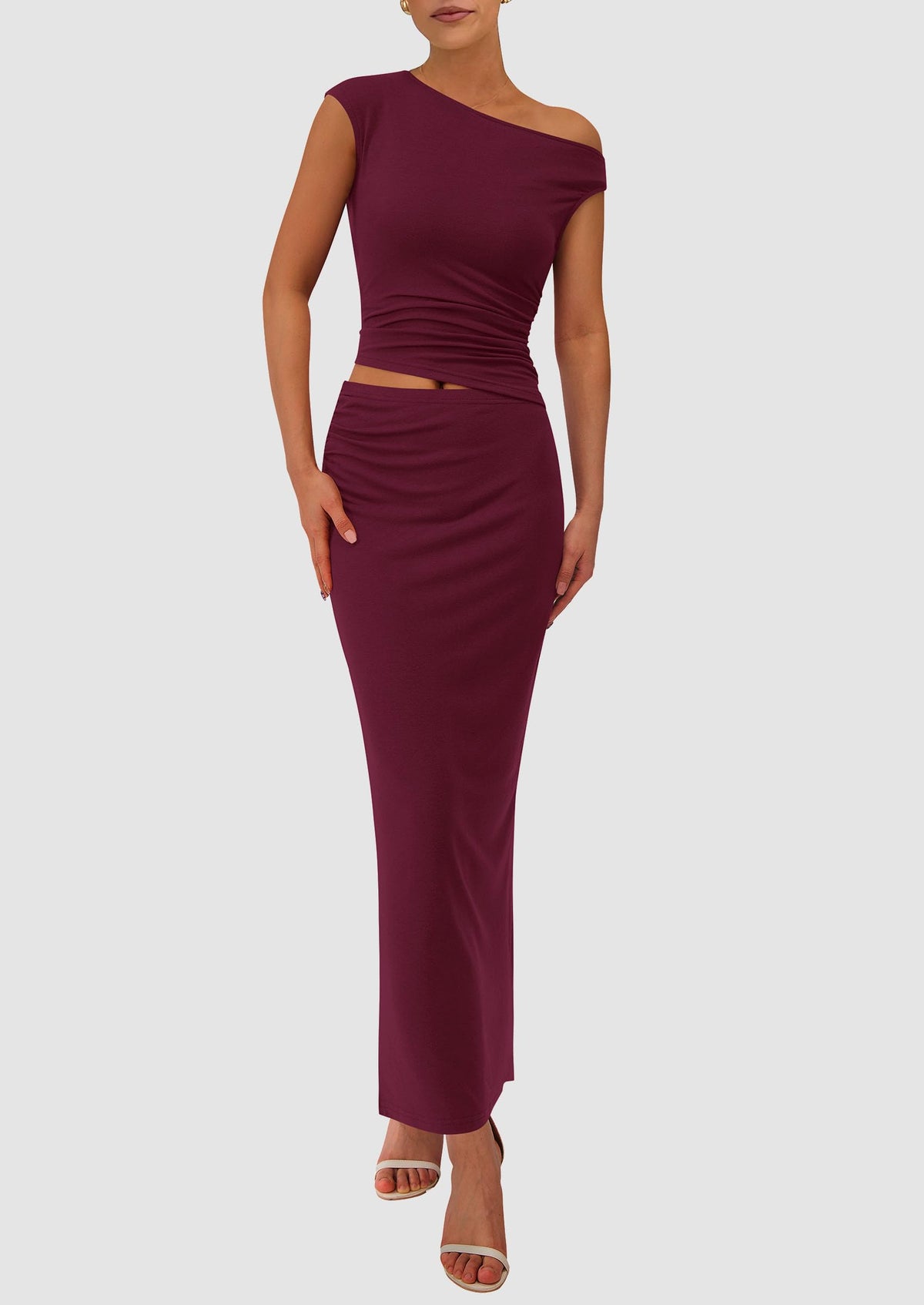 One Shoulder Sleeveless Ruched Slit Bodycon Two Piece Skirt Set