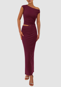 One Shoulder Sleeveless Ruched Slit Bodycon Two Piece Skirt Set