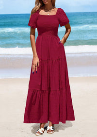 Puff Short Sleeve Square Neck Smocked Tiered Ruffle A Line Flowy Beach Maxi Dresses