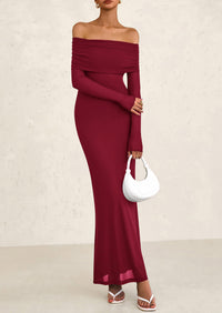Off The Shoulder Bodycon Long Sleeve Mesh Maxi Dress