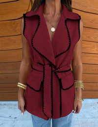 Tweed Sleeveless Lapel Button Front Belt Color Block Vest Jackets