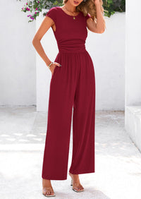 Dressy Ribbed Cap Sleeve Wide Leg Pants Elegant Casual Jumpsuits