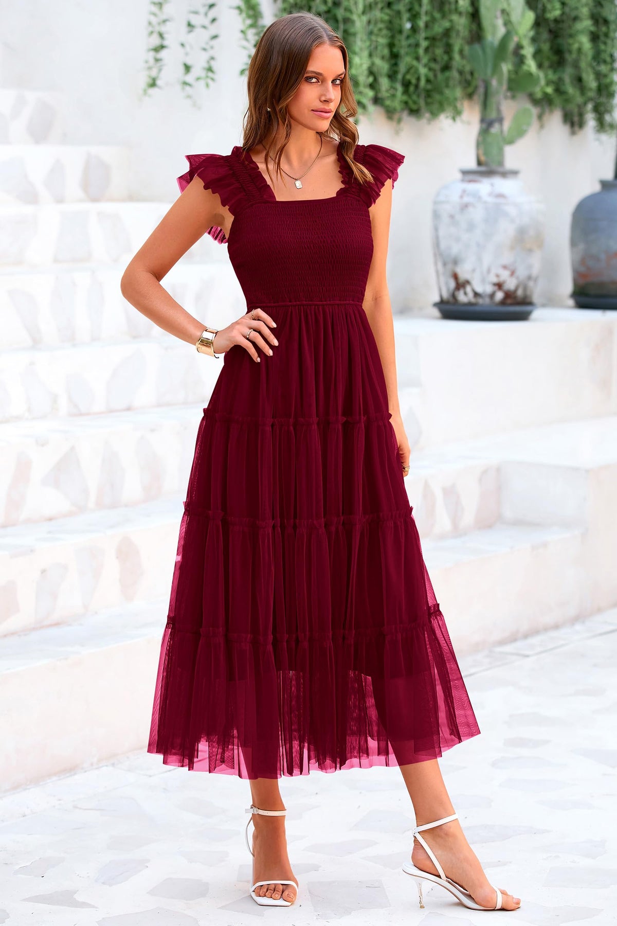 Casual Sleeveless Smocked Ruffle Tulle Flowy Beach Sundress