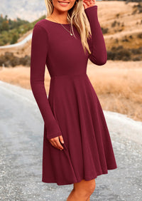Ribbed Knit Crew Neck Long Sleeve A-Line Flowy Casual Elegant Mini Dresses