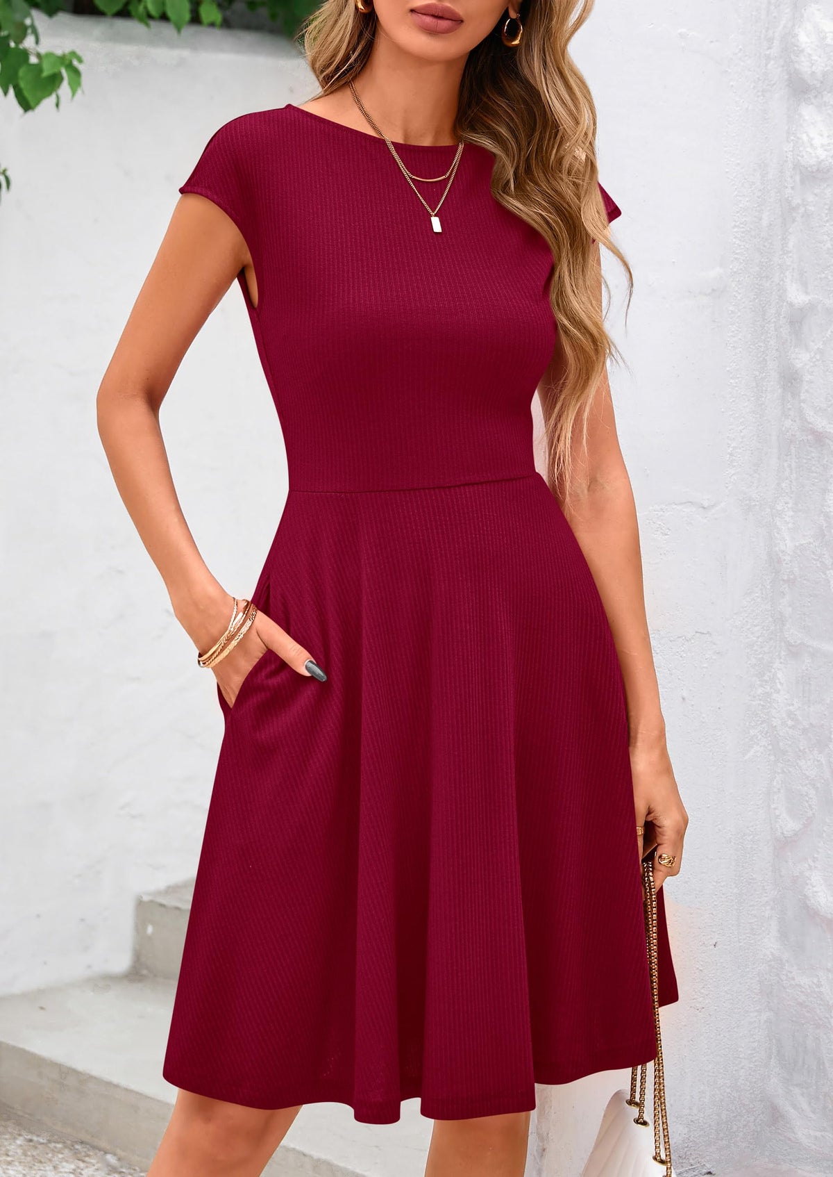 Crew neck Cap Sleeve Ribbed Knit Casual Flowy A Line Mini Dress with Pockets