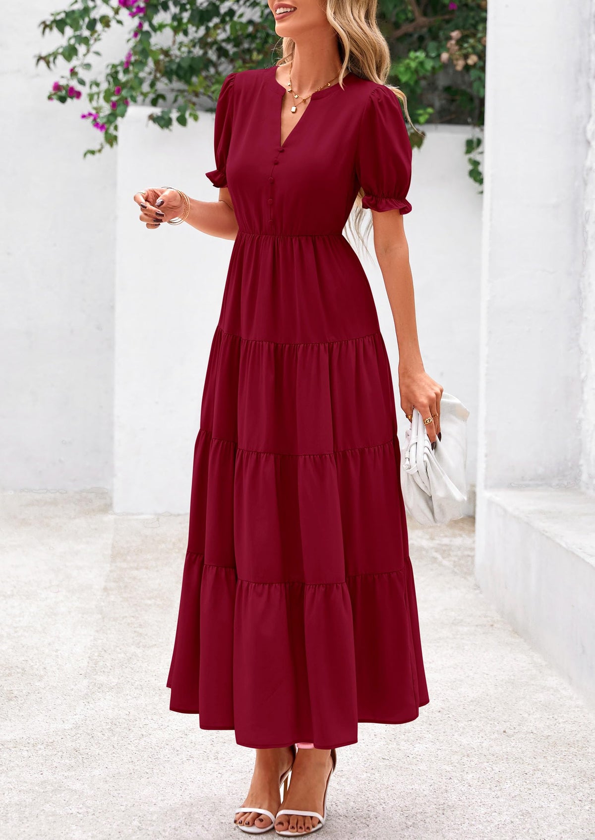 Casual Short Sleeve V Neck Tiered Flowy Beach Vacation Maxi Dress with Pockets