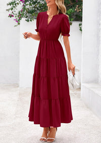 Casual Short Sleeve V Neck Tiered Flowy Beach Vacation Maxi Dress with Pockets