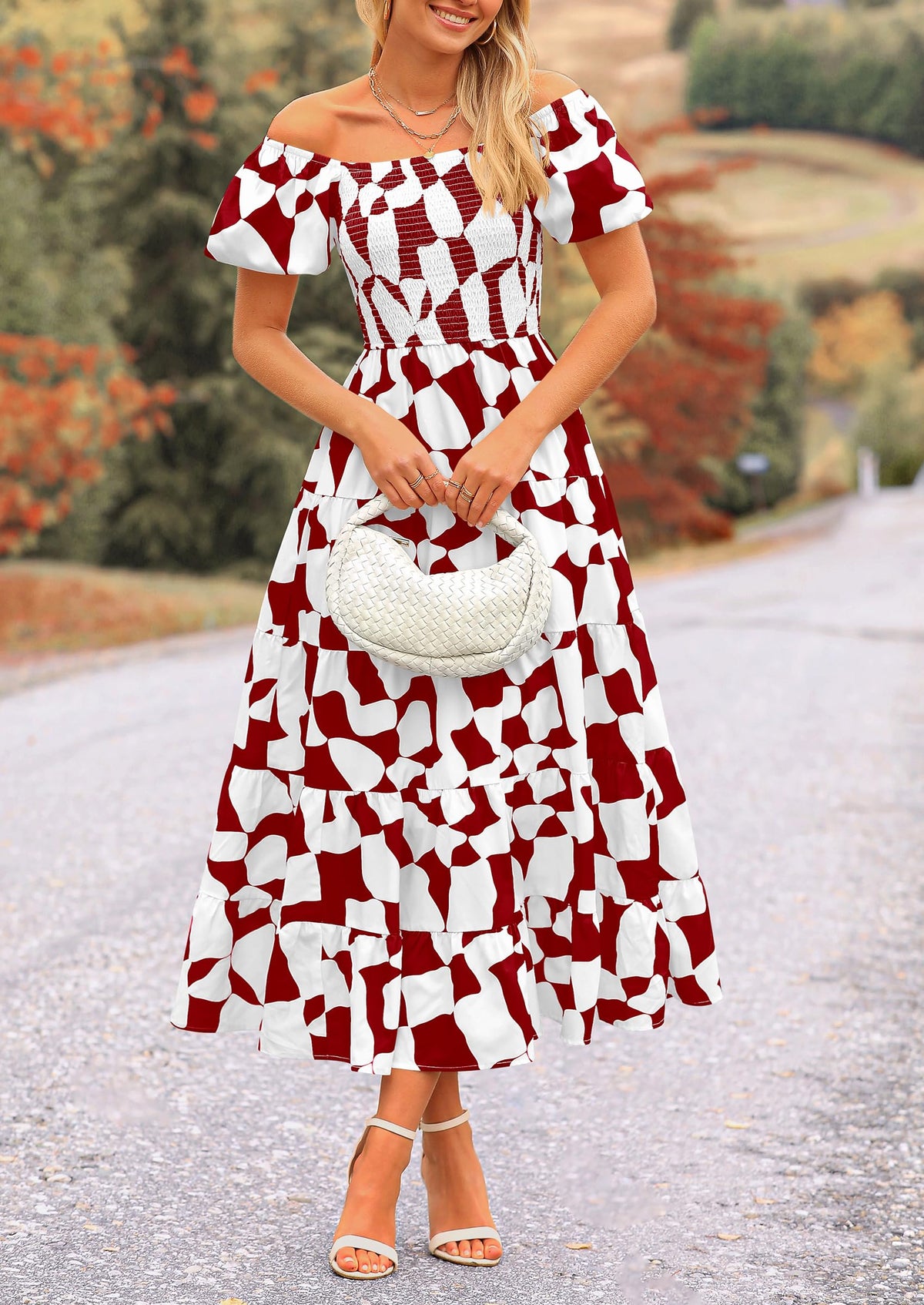Off Shoulder Puff Sleeve Print Smocked Ruffle Beach Flowy Boho Midi Dress