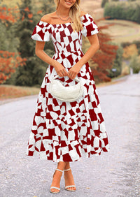 Off Shoulder Puff Sleeve Print Smocked Ruffle Beach Flowy Boho Midi Dress