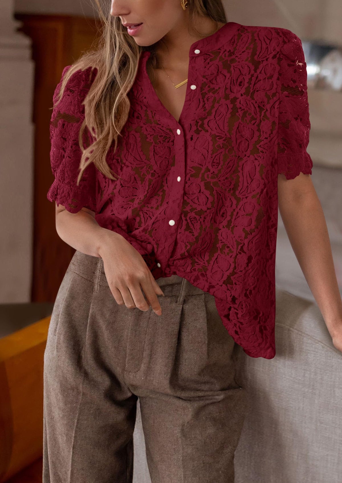 Lace Puff Sleeve Casual Dressy Eyelet Crew Neck Button Down Blouses