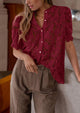 Lace Puff Sleeve Casual Dressy Eyelet Crew Neck Button Down Blouses