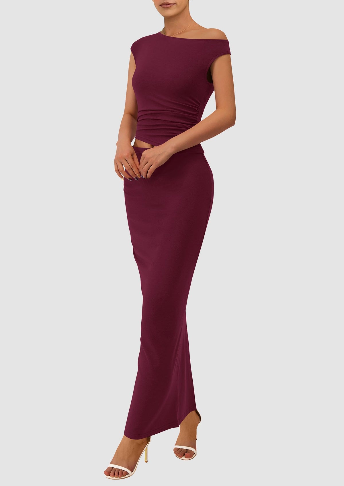 One Shoulder Sleeveless Ruched Slit Bodycon Two Piece Skirt Set