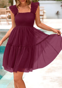 Casual Sleeveless Tulle Ruffle Square Neck Tiered Smocked Wedding Guest Mini Dresses