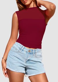 Sheer Mesh Casual Sleeveless Mock Neck Ruched Slim Fitted Tank Tops