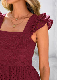 Square Neck Cap Sleeve Eyelet Smocked Tiered A Line Maxi Dresses with Pockets