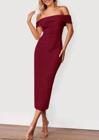 Off The Shoulder Elegant Ribbed Knit Bodycon Wedding Guest Sweater Midi Dresses