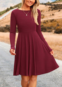 Ribbed Knit Crew Neck Long Sleeve A-Line Flowy Casual Elegant Mini Dresses