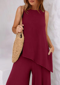 Asymmetrical Split Tank Tops Wide Leg Pants  Two Piece Sets