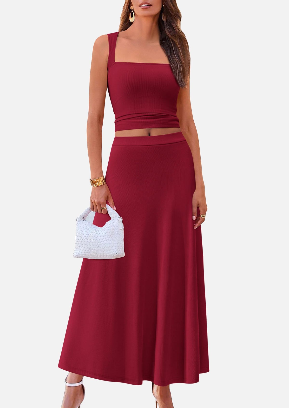 Crop Tank Top Flowy Midi Skirts Ribbed Knit Casual Two Piece Skirt Set