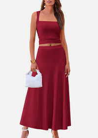 Crop Tank Top Flowy Midi Skirts Ribbed Knit Casual Two Piece Skirt Set