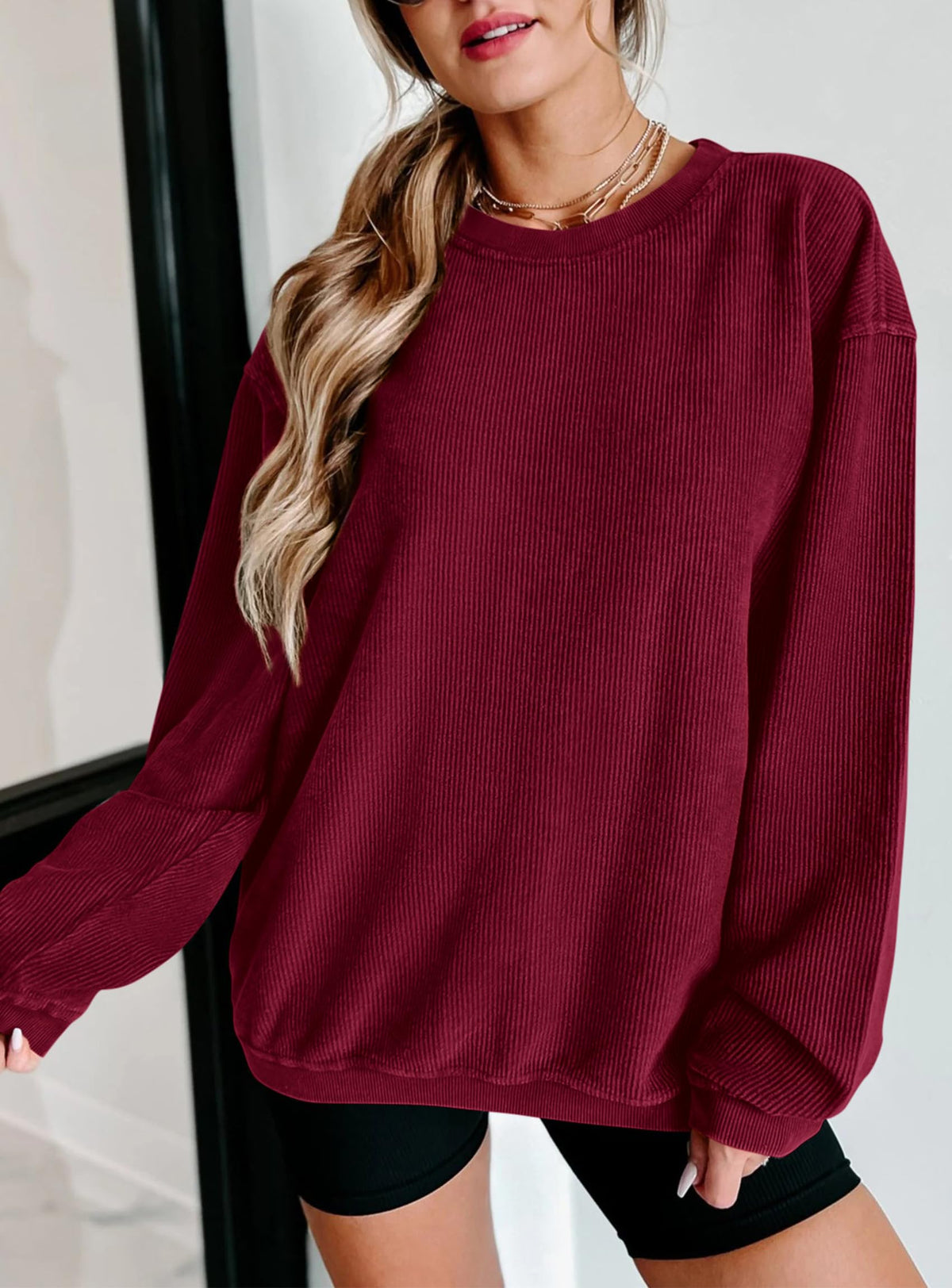 Ribbed Corduroy Crew Neck Long Sleeve Loose Fit Casual Oversized Sweatshirt