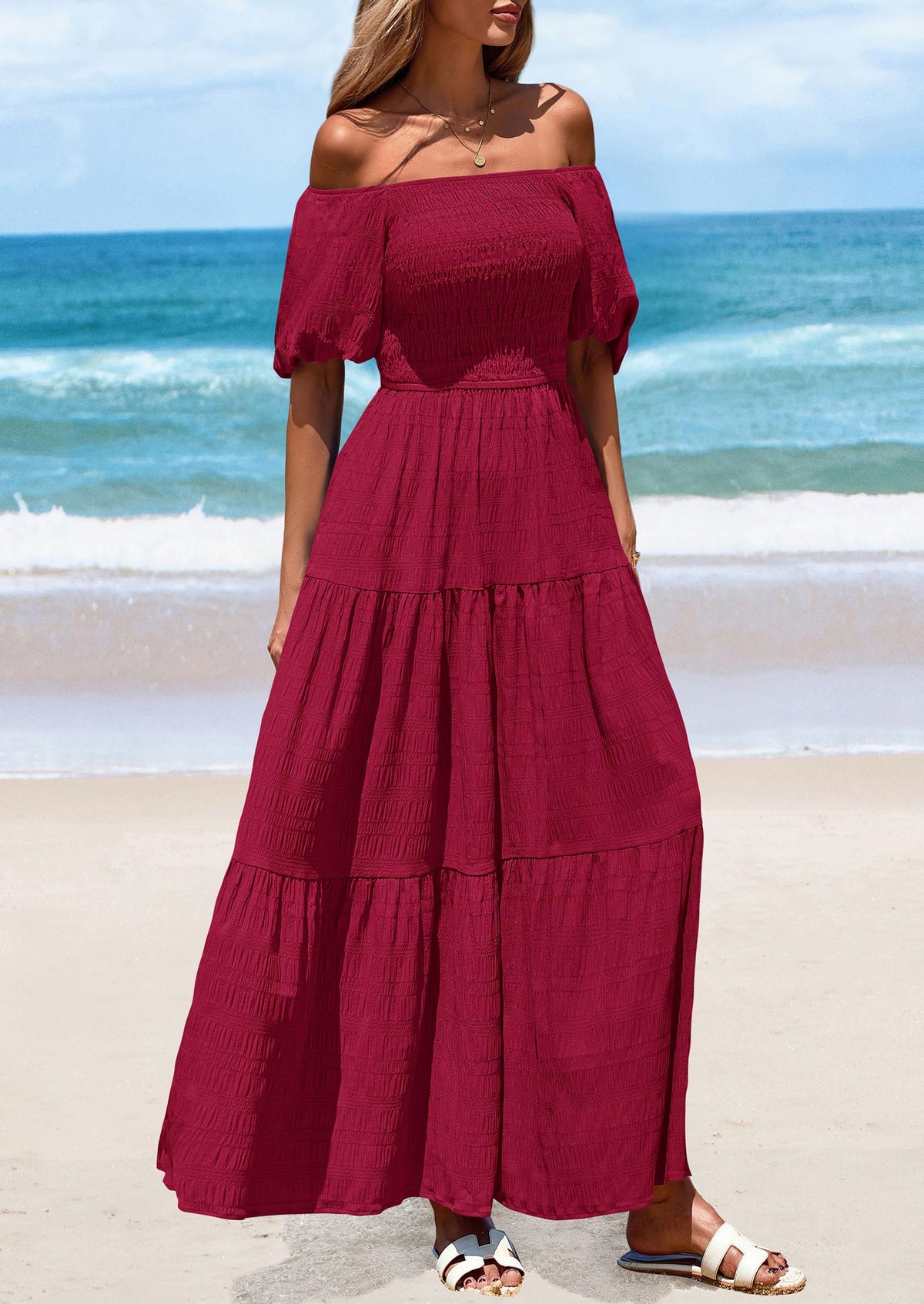 Puff Short Sleeve Square Neck Smocked Tiered Ruffle A Line Flowy Beach Maxi Dresses