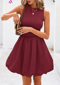 Casual Sleeveless Tank Mini Short Dress Crew Neck Bubble Dress with Pockets