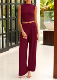 Ribbed Knit Crop Tank Tops Wide Leg Pants 2 Piece Sets