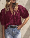PRETTYGARDEN Women's Summer Short Sleeve Tops 2025 Dressy Casual Buttons V Neck Hollow Out Lace Embroidered Blouses Shirts
