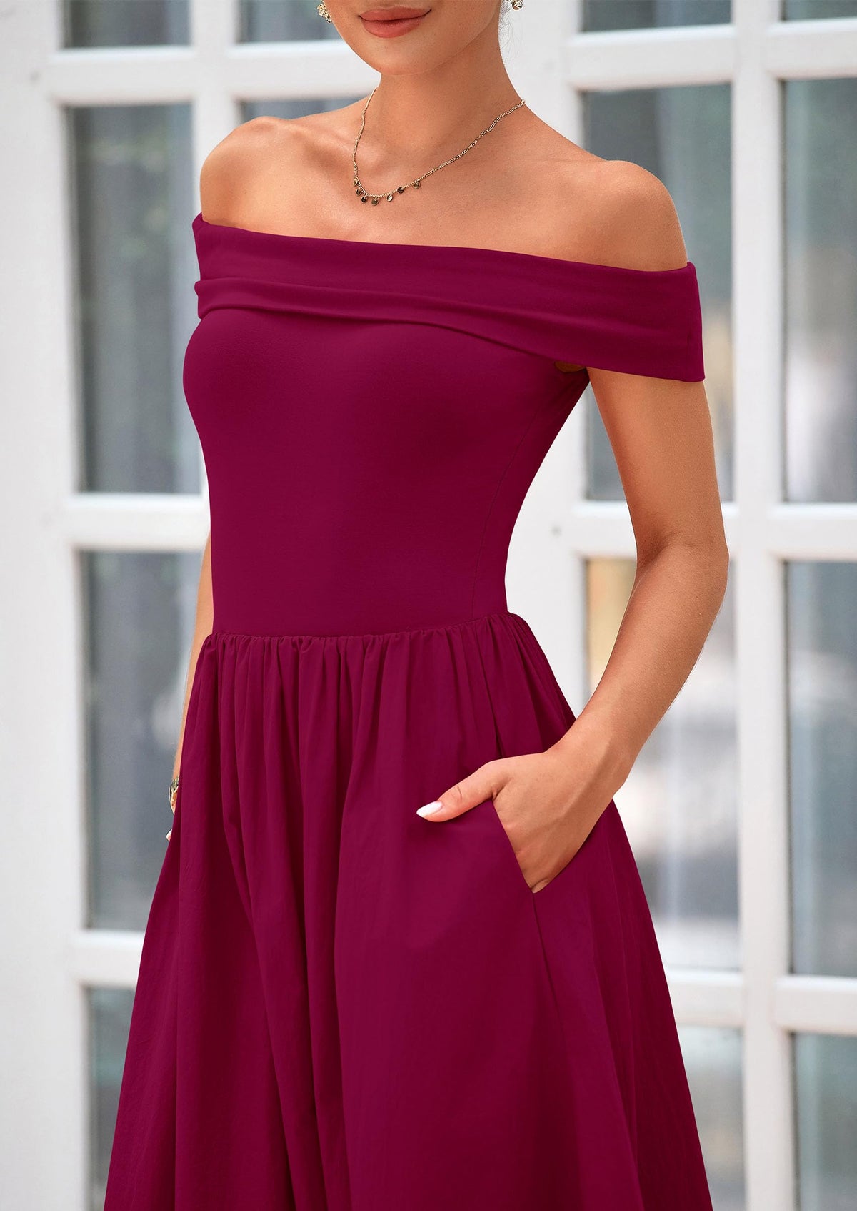 Off Shoulder Sleeveless A Line Midi Dress with Pockets