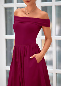 Off Shoulder Sleeveless A Line Midi Dress with Pockets